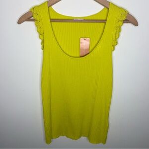 NWT ESQUALO Copper Penny Chartreuse Sleeveless Knit Top and Crochet Sleeves